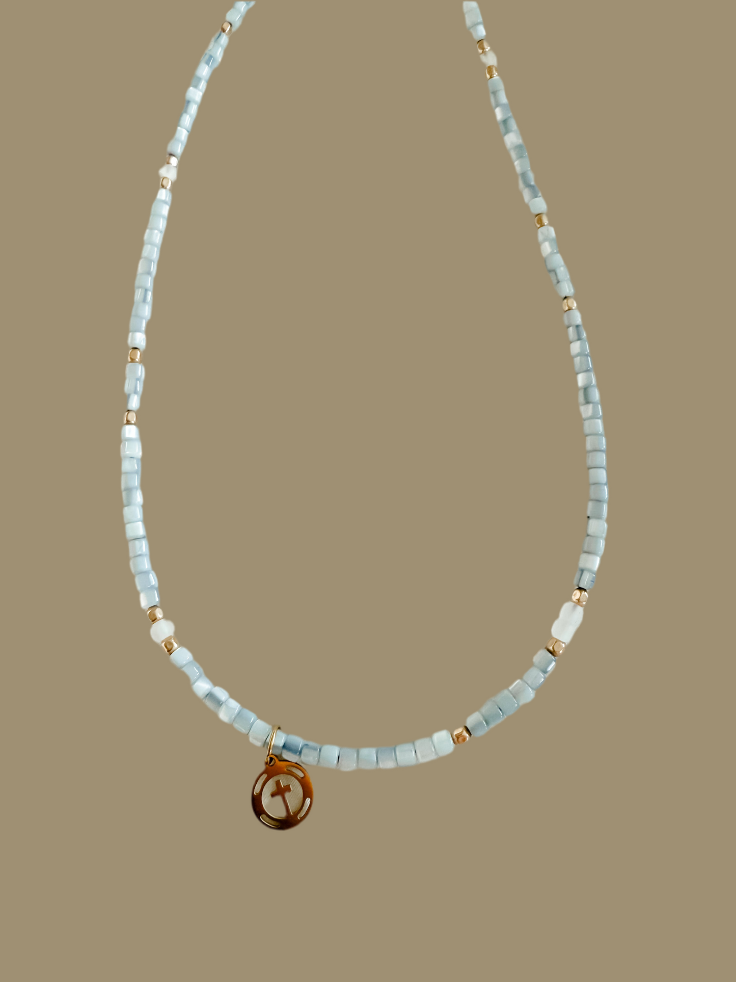 ESTHER | beaded necklace with gold filled accent beads and stainless steel cross charm
