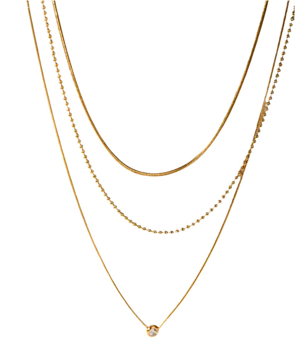 Beaded CZ drop | stainless steel triple stack necklace