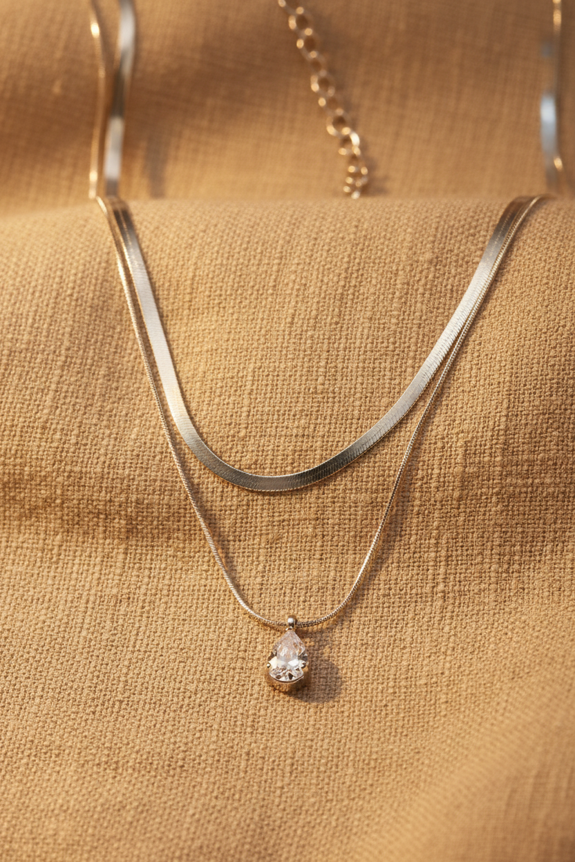 Teardrop double layer necklace | silver